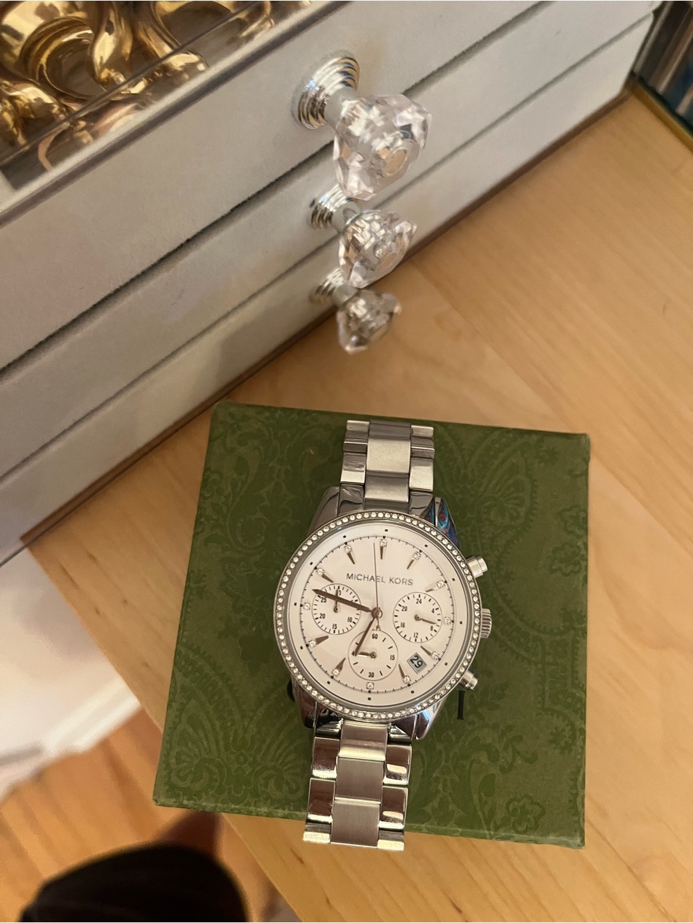 Michael Kors Women’s Silver Stainless Steel Chronograph Watch with White Dial
